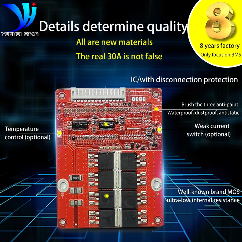 bms 7s 13s 14s 16s 17s 24v 36v 48v 60v li-ion and lifepo4 battery protection board 30a with balancer and off-line protection