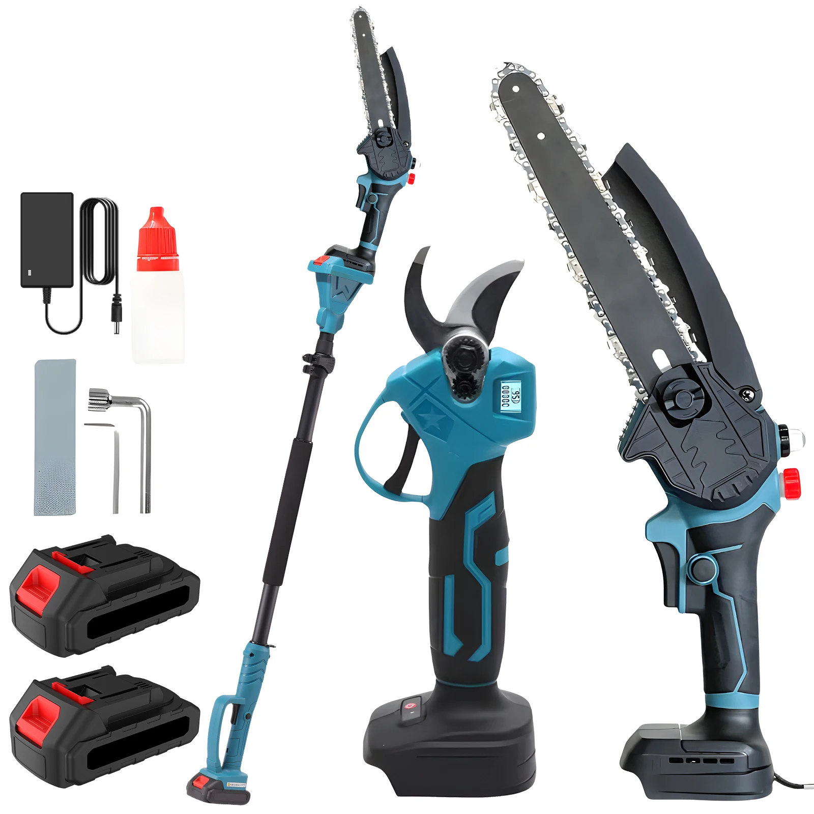 3-in-1 borstelloze telescopische kettingzaag met 8" snoeischaar, 1000W, 3 snelheden, 30MM, voor Makita 21V accu, snoeischaar voor hoge takken