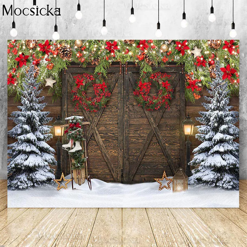 

Christmas Backdrops For Photography Xmas Pine Tree Wooden Door Decor Winter Snow Kids Portrait Background Photo Studio Photocall