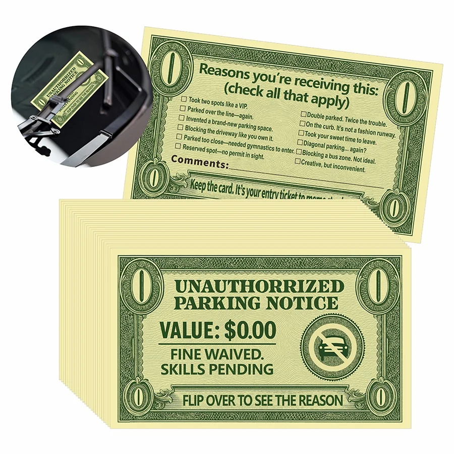 Funny Parking Violation Cards - 100Pcs Green Joke Tickets, Double-Sided Prank Notes with Check-Off Reasons for Drivers, Office U