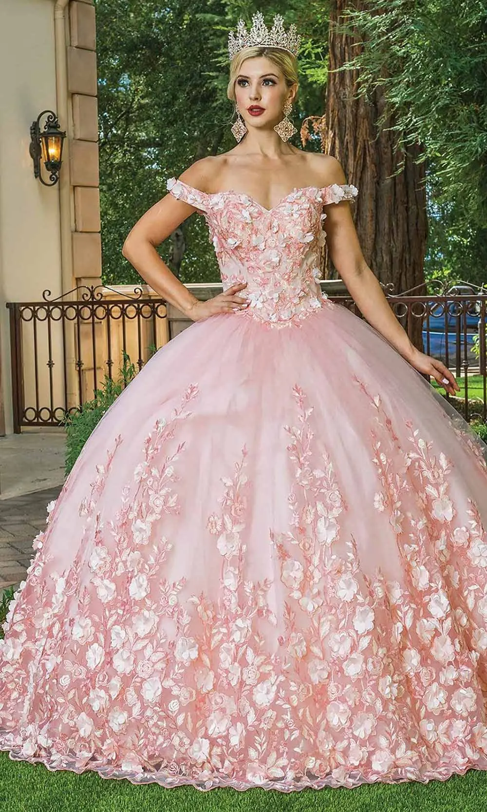 CloverBridal Vestido De quinceañera, traje De baile sin hombros, apliques florales en 3D, color rubor, WQ9718