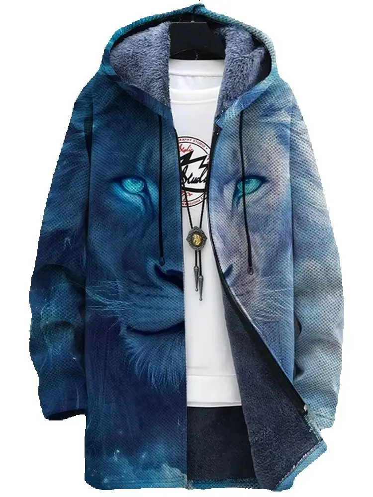 Men'S Animal Graphic Winter Lions Coat Print Pattern Knitted Sweater Cardigan Zipper Hooded With Thick Fleece For Youth