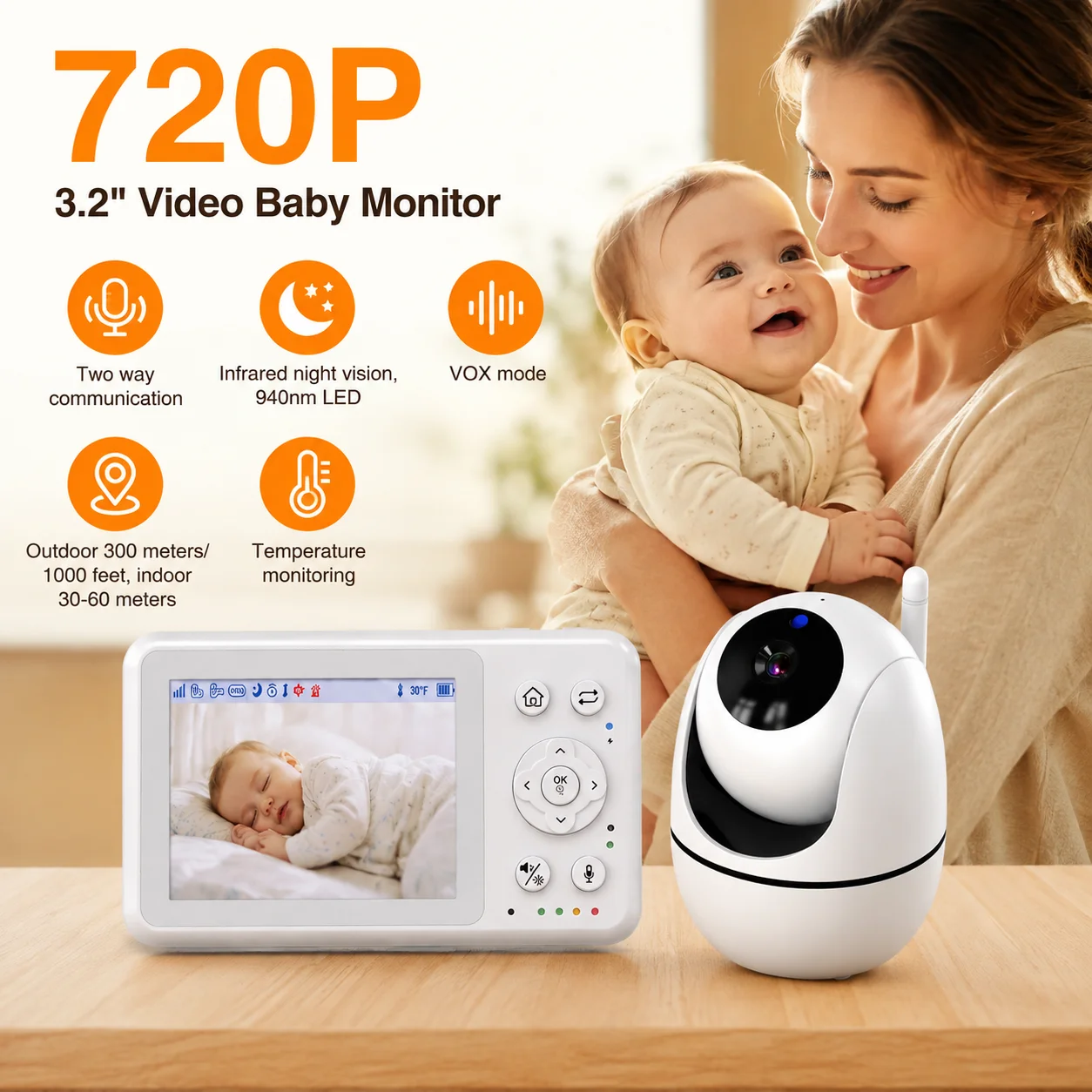 Video Baby Monitor 3.2 Inch LCD Screen 720P Camera No WiFi No App Plug And Play 2‑Way Talk VOX Mode Cry Detection 2X Zoom 940NM