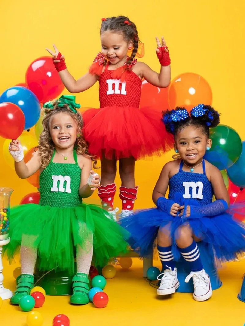 M&M\'s Costume Toddler Tulle Tutu Dress Dancing Outfits for Party Carnival Costume Colorful Letter M Outfits for Baby Girls Dress