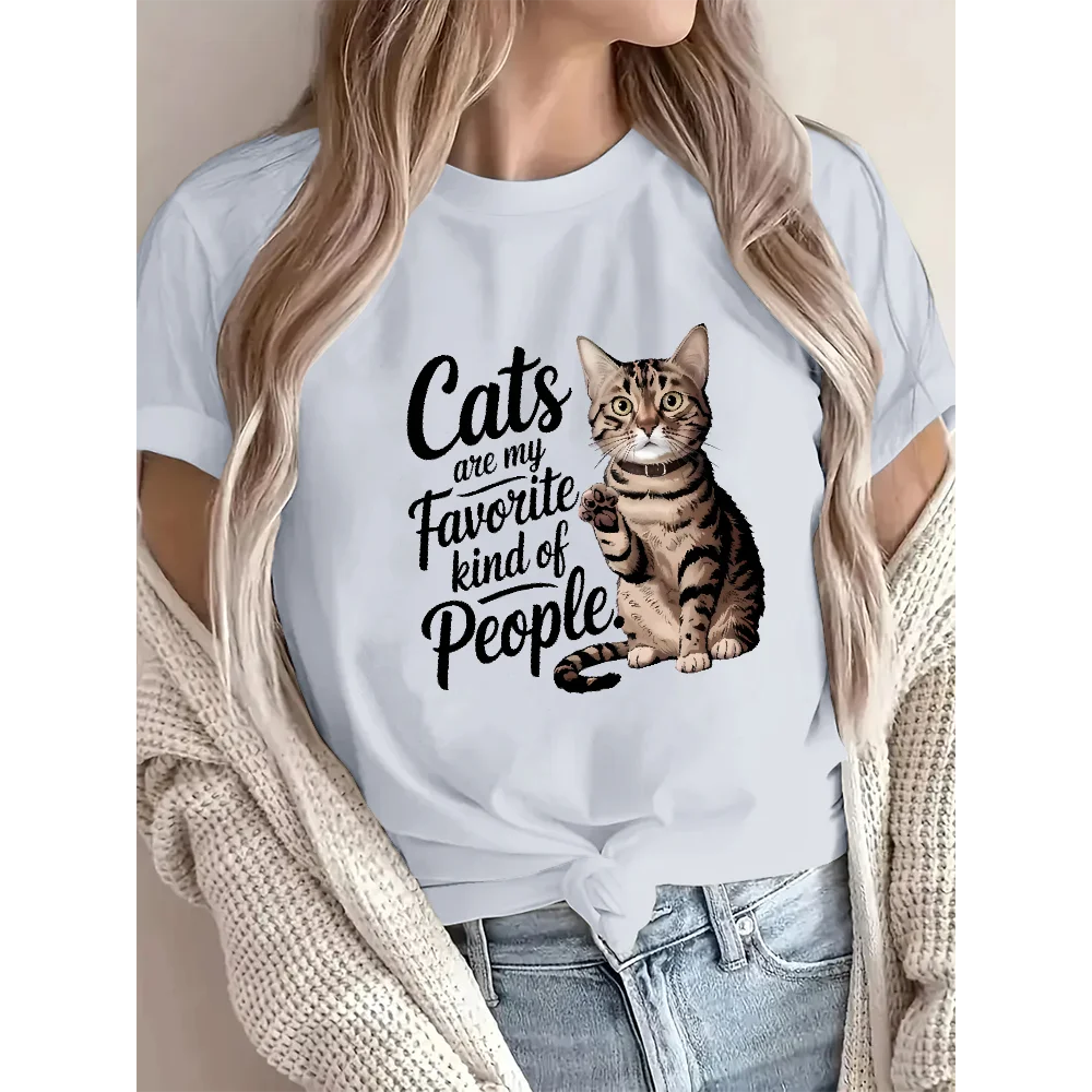 

Cute Cat Printing Graphic Tees Fashion O-Neck Short Sleeve Women’s Cotton T-shirts Comfortable Cat Lover Clothes