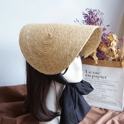 New Brim UV Sun Hat Lace Up Black One Piece Style Holiday Photo Straw Hat for Women Summer Shade Beach Outdoor Derby Hat