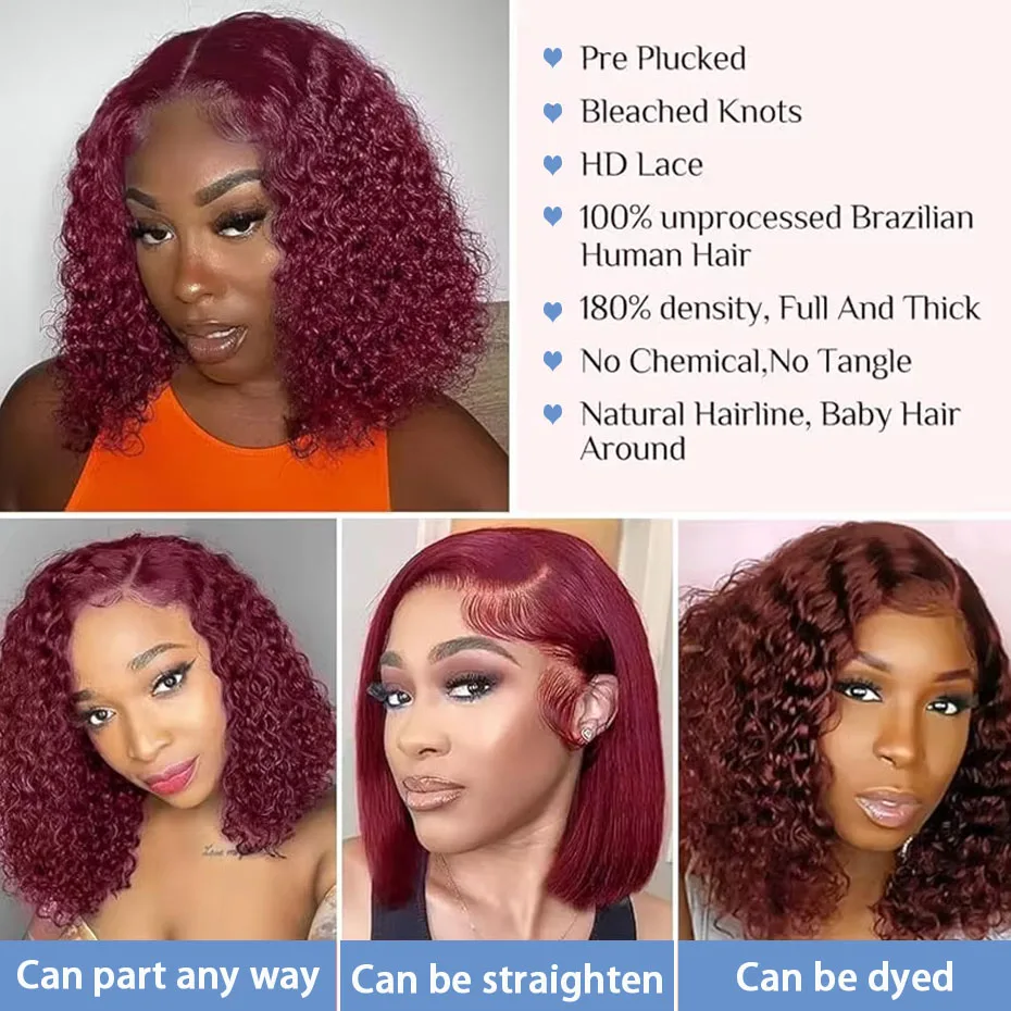 Burgundy 99J Deep Wave Short Bob Wigs 13x4 Lace Front Human Hair Wig 100% Human Hair Wig Water Curly Wig Baby Hair For Women