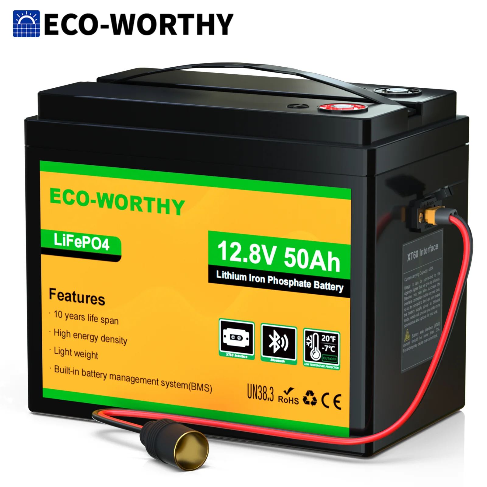ECO-WORTHY 12V 50Ah LiFePO4 Lithium Battery with XT60 Interface, Bluetooth 5.0, Low Temp Protection, Connects to Power Inverter for Camping, Road Trips,Trolling Motors