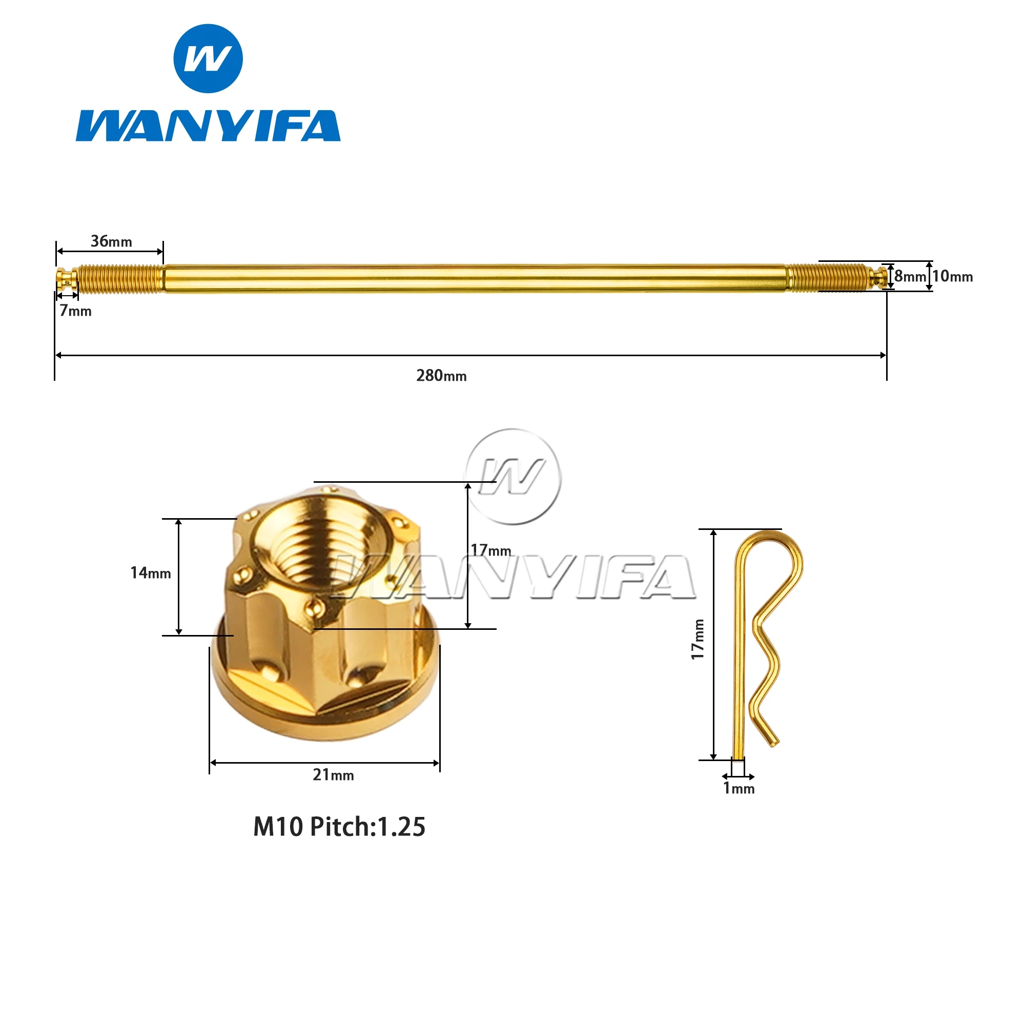 Wanyifa Titanium Bolt M10x280mm nut pitch 1.25mm for Motorcycle Front Axle Center shock absorption