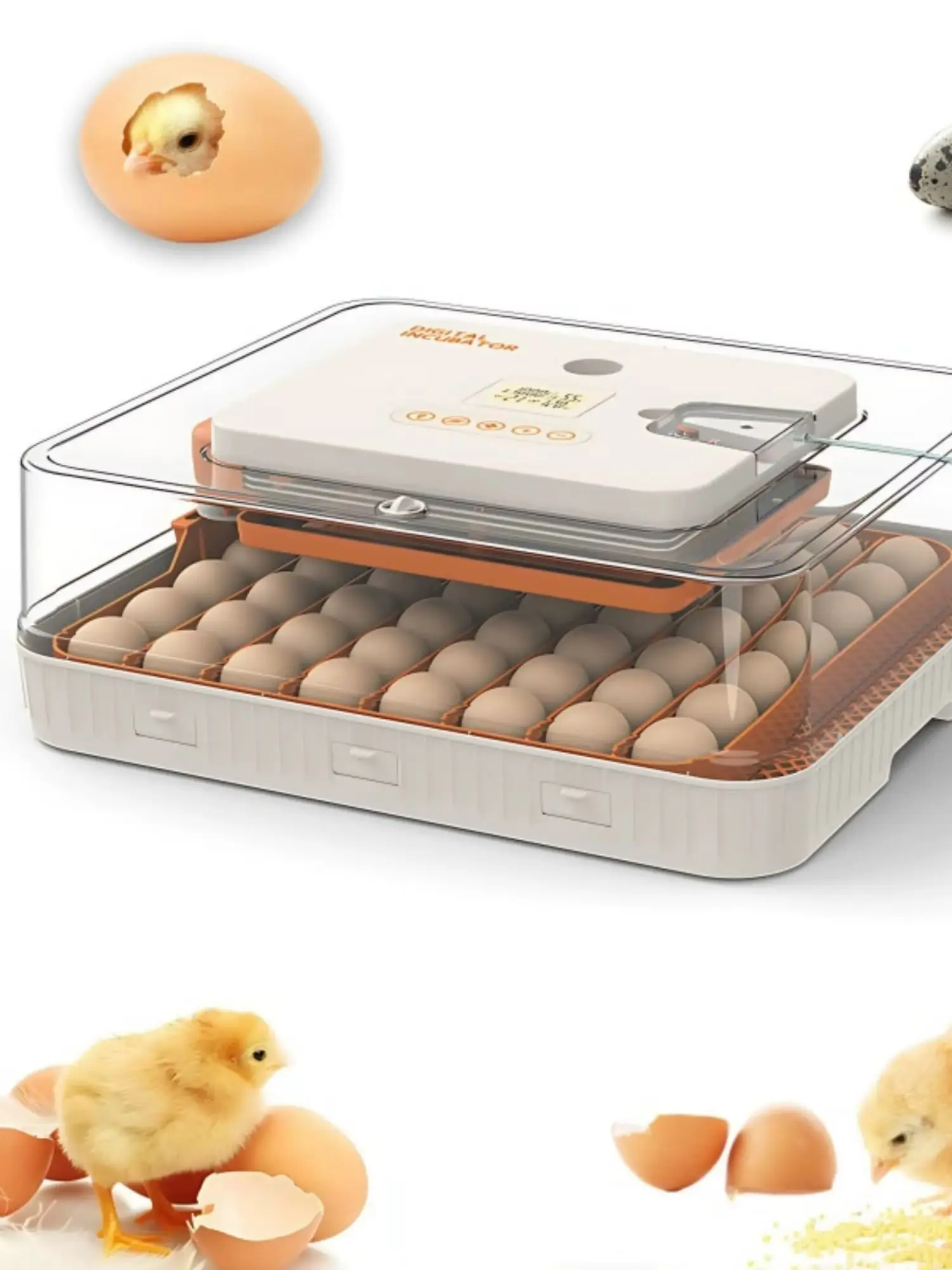 Vollautomatischer Brutkasten für 56 Eier, mit automatischer Eierwendevorrichtung, automatischer Stromabschaltung vor Ende der Brutzeit, LED-Eierprüflampe sowie Temperatur- und Feuchtigkeitsregelung;