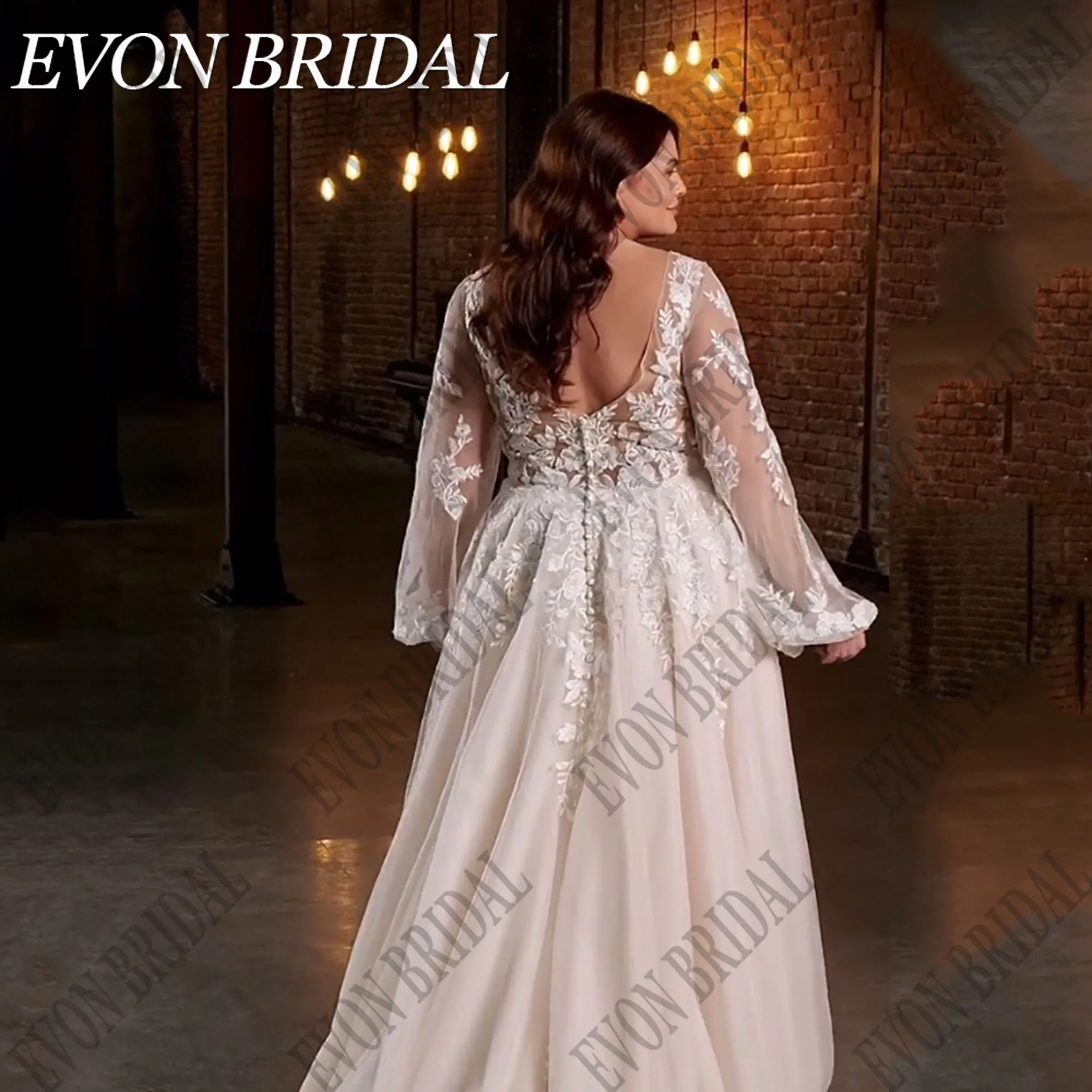 EVON BRIDAL Wedding Dress Plus Size V-Neck Puff Sleeves Applique A-Line Backless Lace Bride Gowns Sweep Train Vestido De Novia