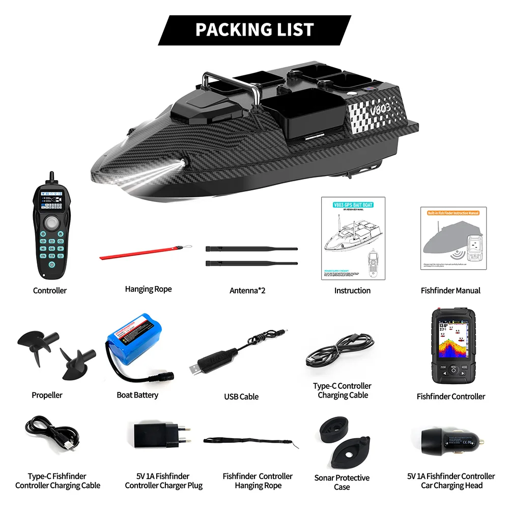 Flytec V803 Pro RC Aasboot voor vissen met ingebouwde sonar, 4 aaskamers, 500m bereik, automatische terugkeer bij verlies van stroom, 200 waypoints, 3KG maximale laadcapaciteit, 12000mAh, geschikt