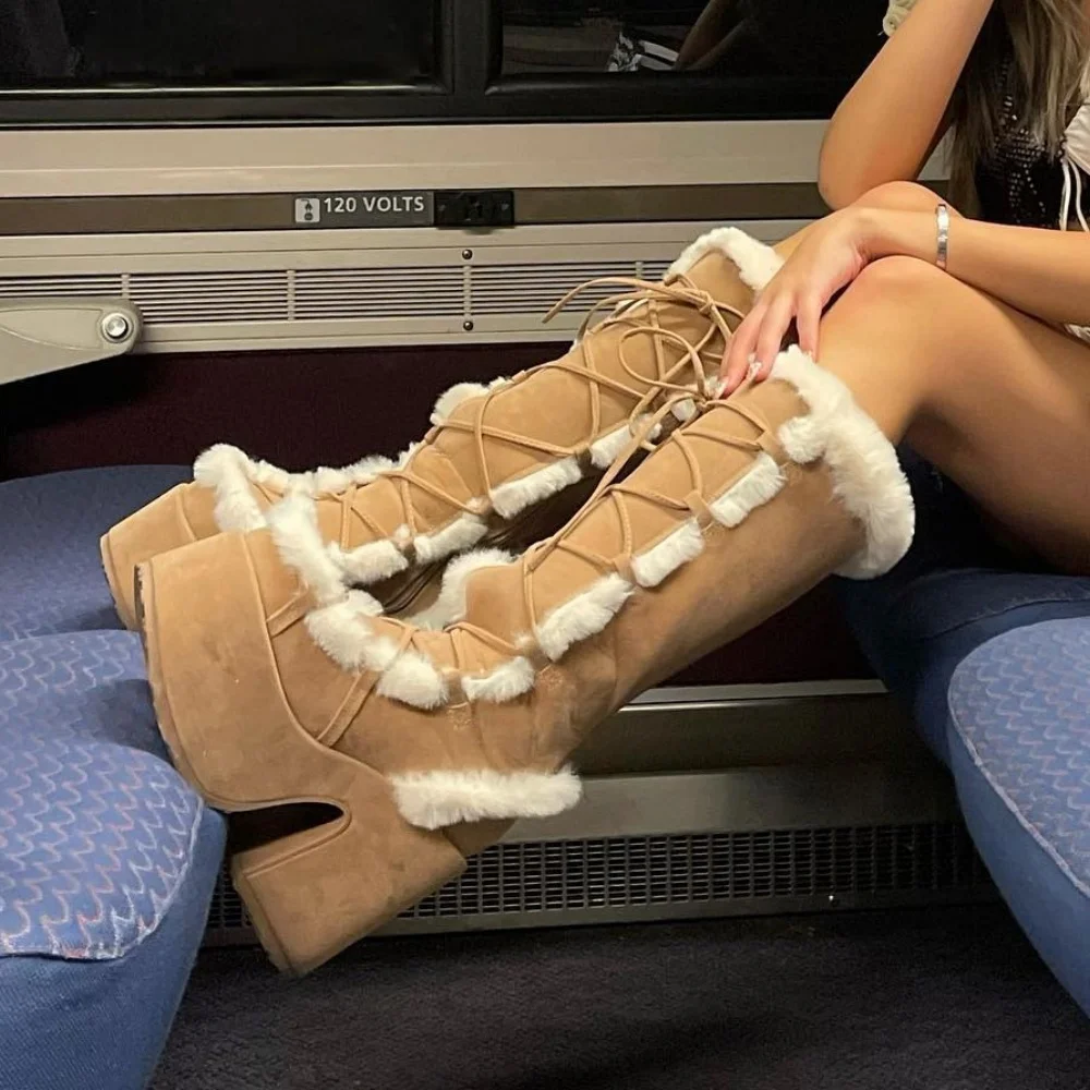Knee High Boots For Womens Side Zipper Warm Faux Fur Platform Chunky Heel Punk Goth Walking Winter Snow Boots image 3