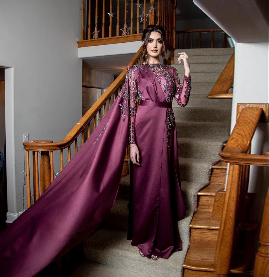 15752# Luxury Long Arabic Beaded Lace Evening Dresses With Cape Sleeve Dubai Muslim Formal Dress For Women Wedding Party