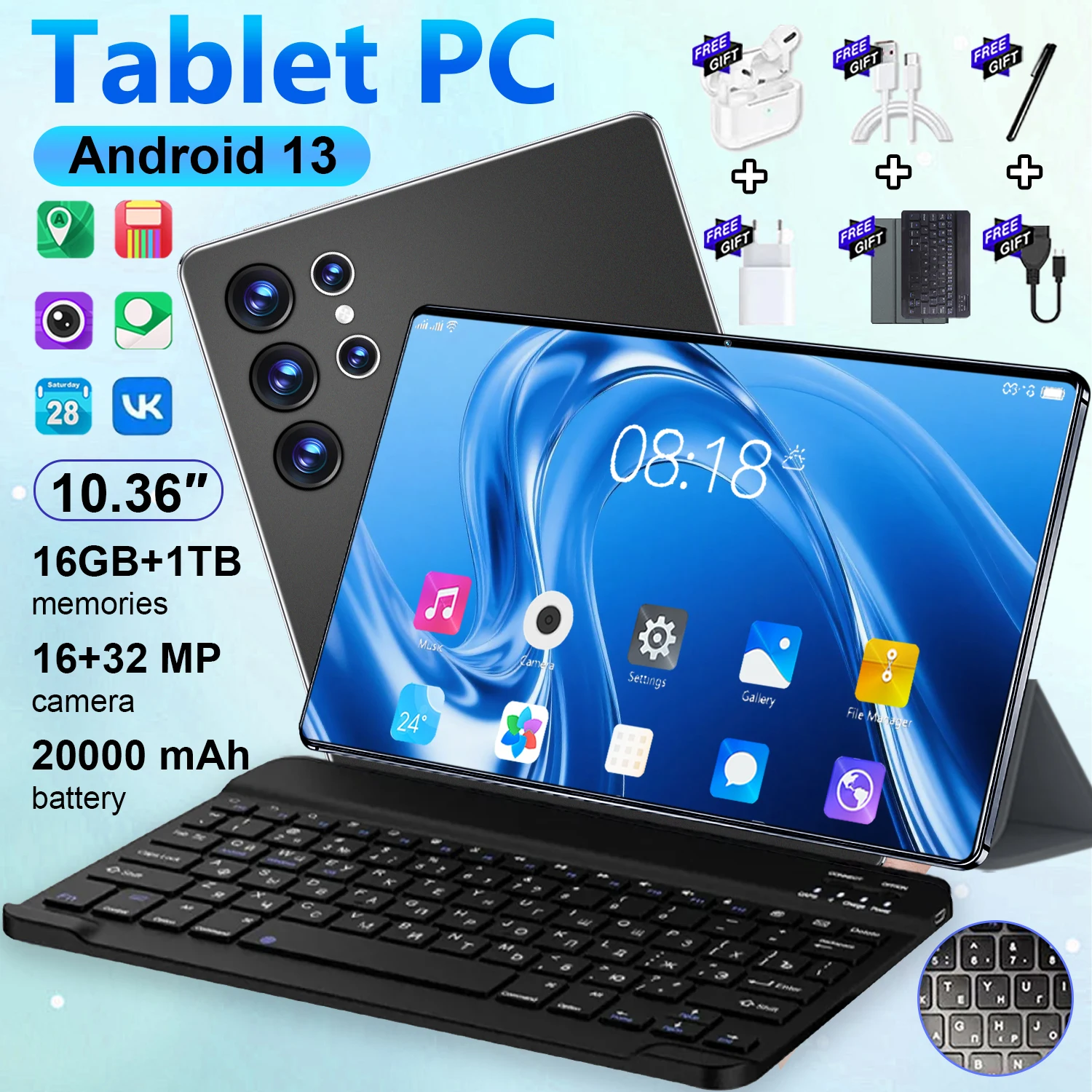 Tablette Android WIFI Type-C avec écran HD de 10,36 pouces, toute nouvelle, 20000 mAh, 14 cœurs, version mondiale, 16 Go + 1 To, double carte SIM, avec clavier, 16MP 32MP