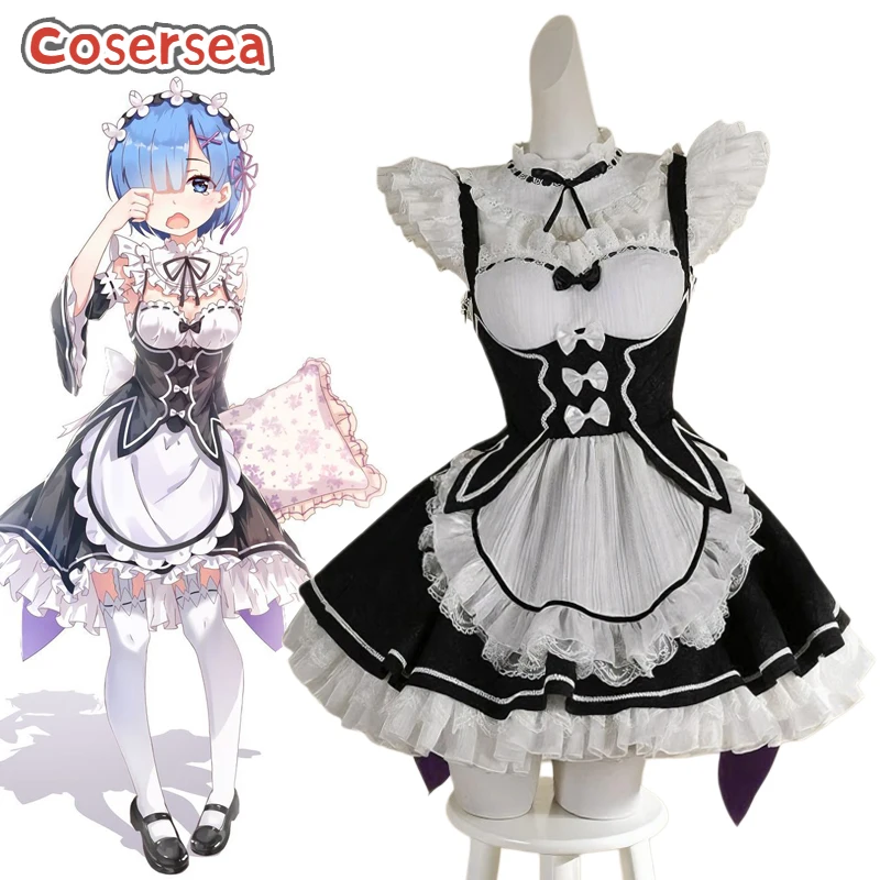 

Cosersea Ram Rem Cosplay Costume Re:Zero − Starting Life in Another World Ram Rem Maid Dress Black Blue Uniform Outfit Fullset