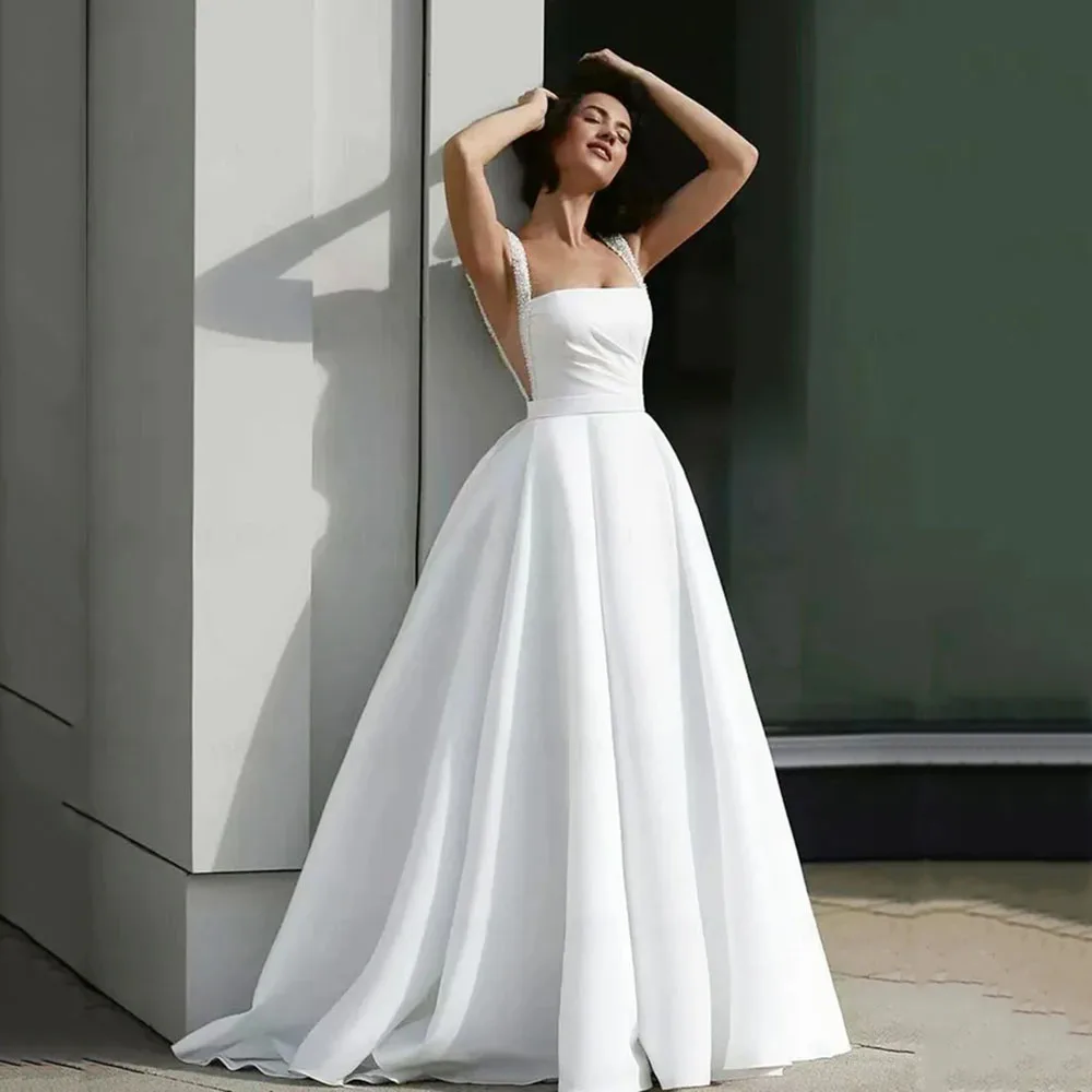 

Msikoods Elegant Wedding Gowns Pearl Strap Sexy Side Split Bride Dresses Satin White Women Wedding Party Dress 2024 Bridal Gown