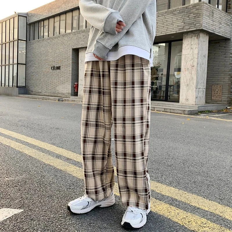 

2022 Plaid Pants Men Linens Korean Checked Trousers Male Streetwear Fashion Bottoms Summer Wide Leg Pants Harajuku Breathable