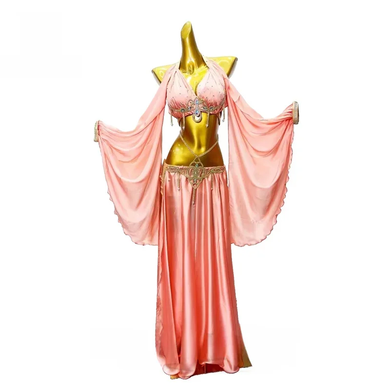 Zestaw kostiumów do tańca brzucha dla kobiet biustonosz + satynowa długa spódnica z rozcięciem 2 szt. Niestandardowe dorosłe dzieci orientalny strój Bellydance — zdjęcie 2