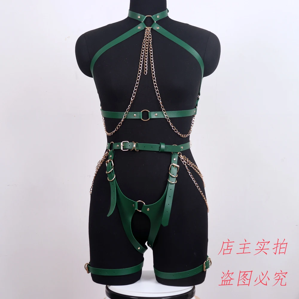 Green PU Leather Harness Belts Women Chest Bondage Lingerie Adjustable Leg Harness Goth Straps Suspenders Pastel Goth Rave