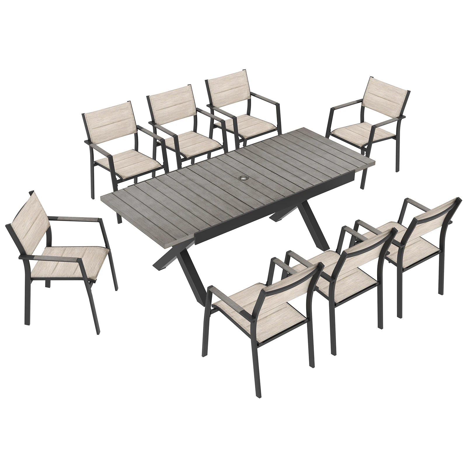 SEEHILL 9 Pieces Expandable Outdoor Dining Set, 8 Stackable Double-Layer Textilene Chairs and 63''-83'' Expandable Patio Dining Table, Never-Rust Aluminum Patio Dining Set for Garden, Deck, Limed Oak