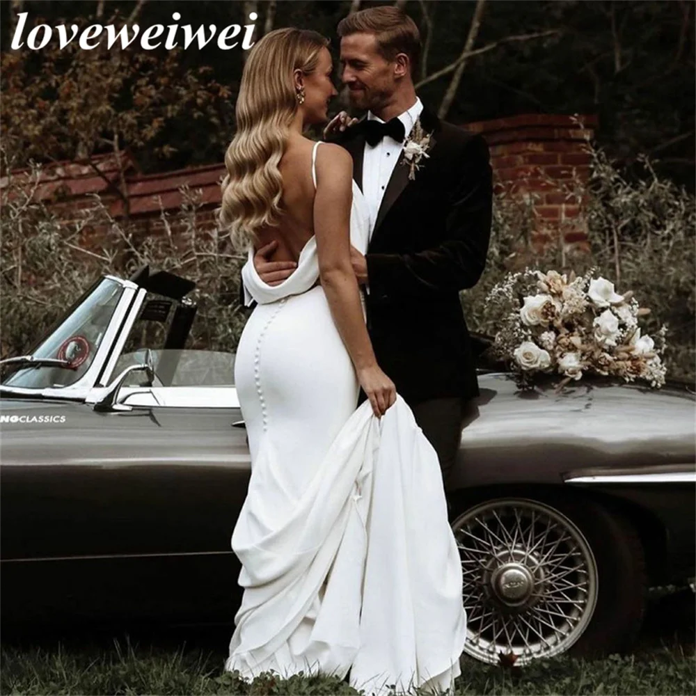 Heißer Verkauf Meerjungfrau Hochzeit Kleider Spaghetti-trägern Weiche Satin Boho Brautkleider V-ausschnitt Taste Zurück Hochzeit Kleid robe soirée