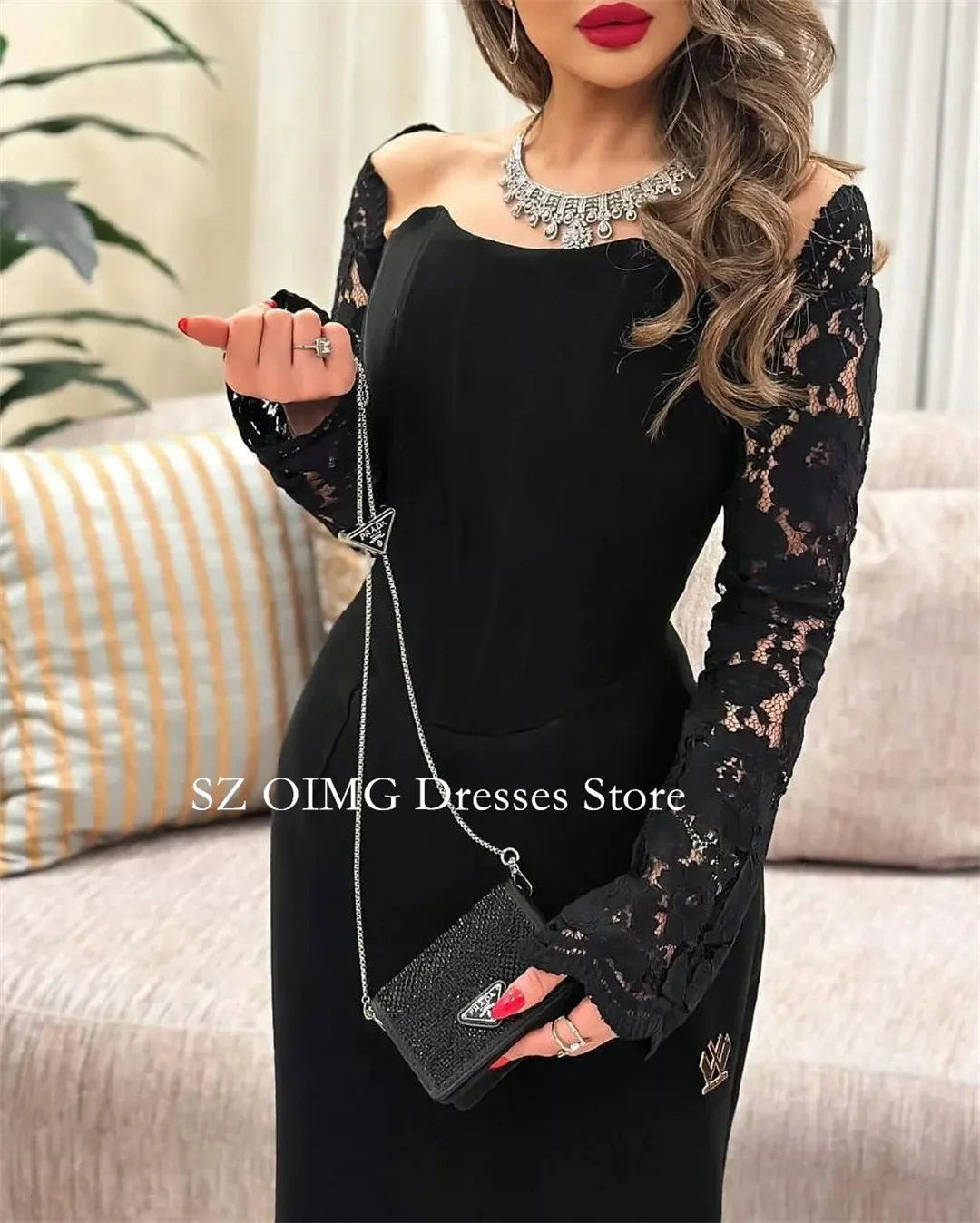 OIMG Dubai Mordern Off the Shoulder Prom Dresses Evening Dress Satin Black Lace Slit Women Evening Gowns Formal Party Dress