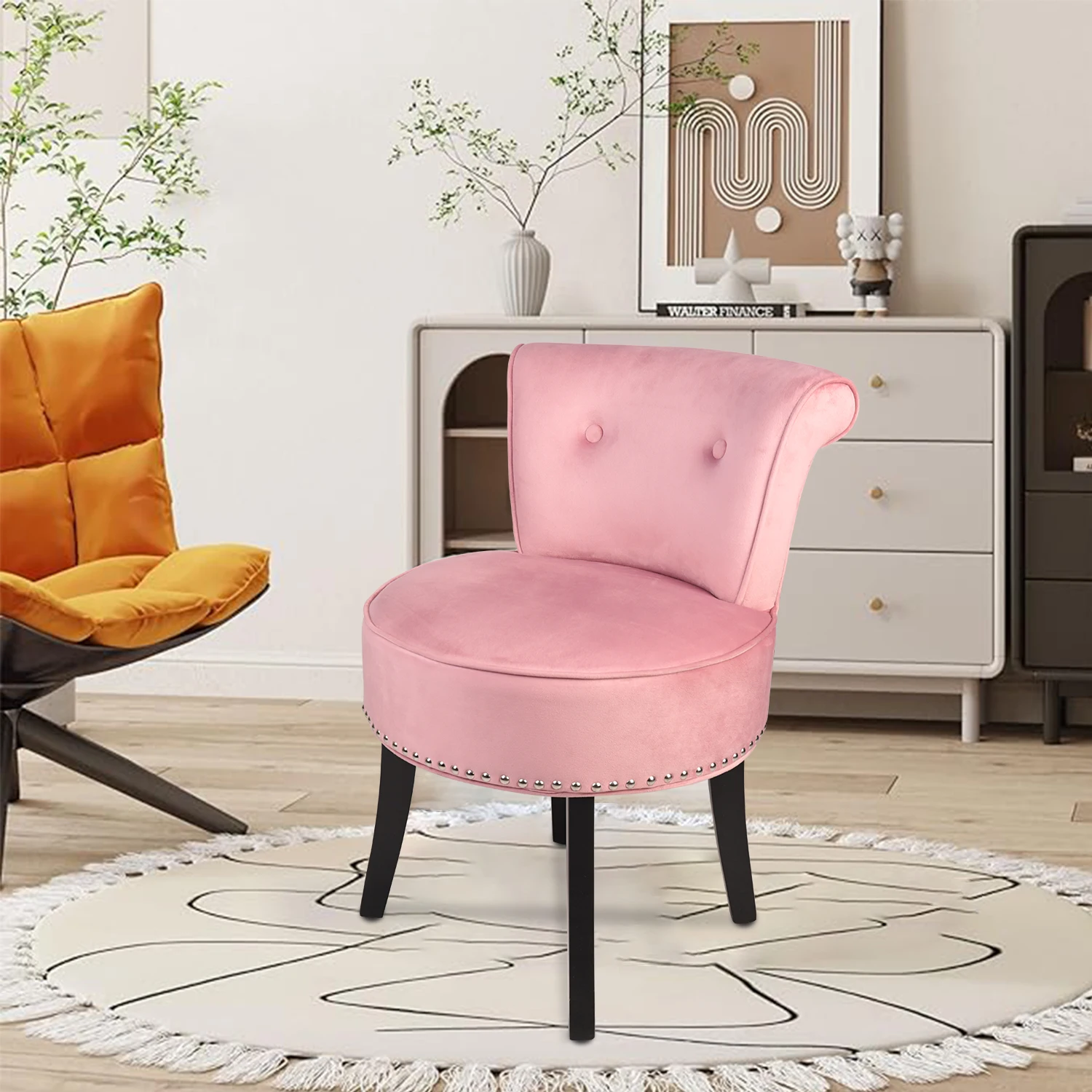 

Luxury Velvet Vanity Stool, Padded Makeup Dressing Stool Chair with Wood Legs, Button Tufted Low Back Sponge Foam Stool for Room