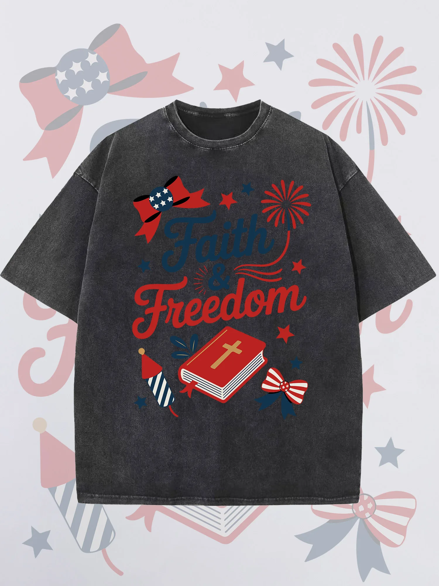 

Men's T-Shirts Faith Freedom Printed Black Short-Sleeved Round Neck Loose Summer 100% Cotton Acid-Washed Finish Christmas