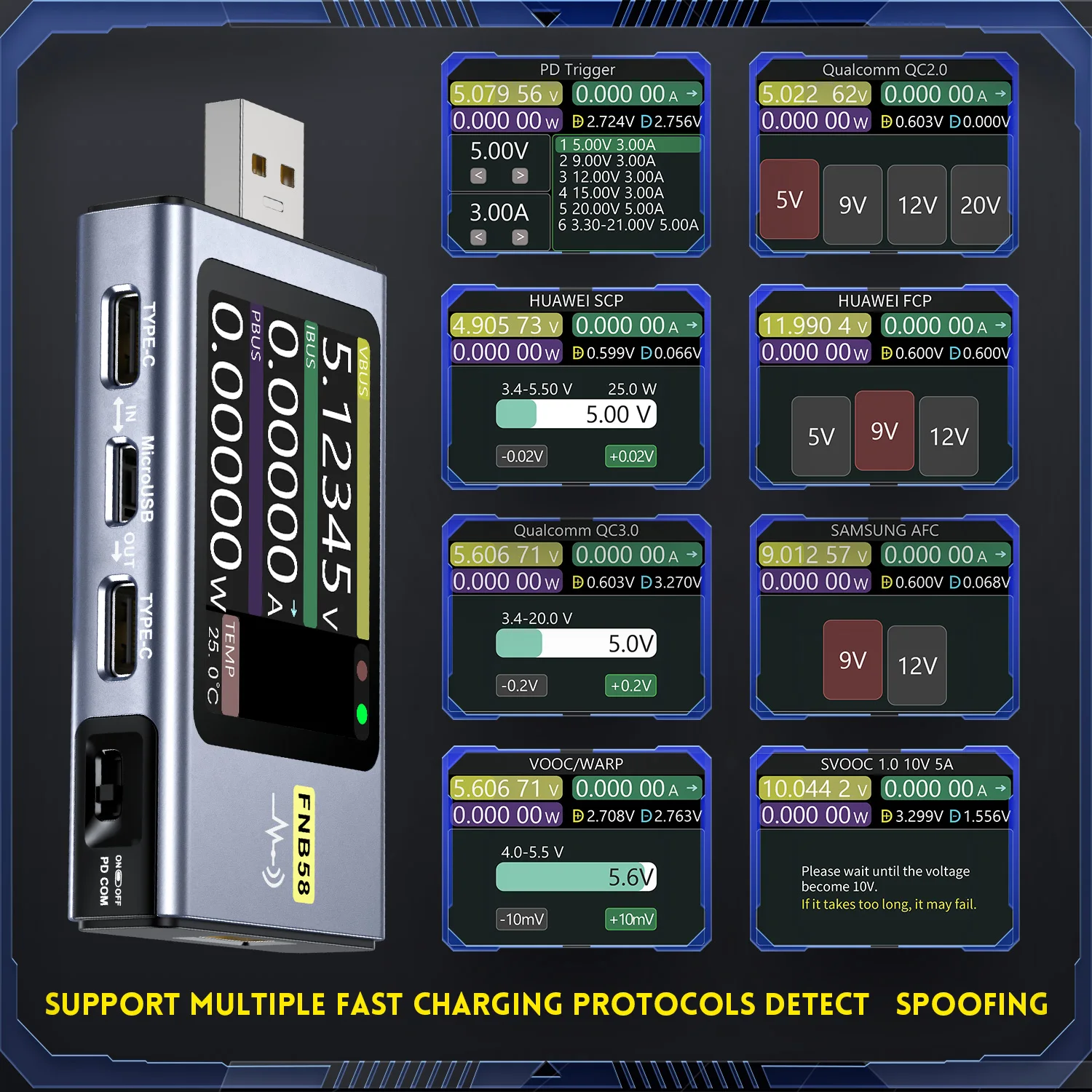 FNIRSI-FNB58 USB Voltage Tester TYPE-C Voltmeter Ammeter Fast Charge Detection Trigger Capacity Measurement Ripple Measurement