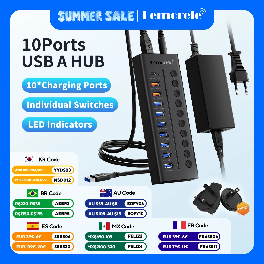 LEMORELE USB C Hub 10 Port Multi USB  3.0 Splitter Docking station Multiple Expander Cable Hub Docking Stations For Laptop PC