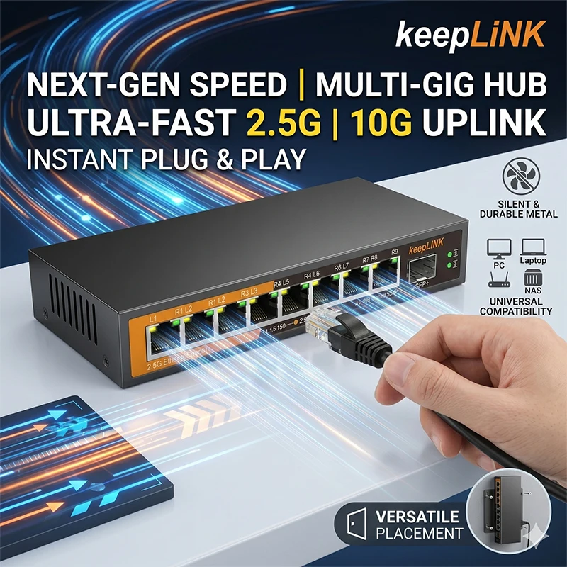 Switch Ethernet KeepLiNK 9 ports 2.5G/10G, 8 ports RJ45 2500 Mbps et 1 port SFP+ 10G Uplink, Hub Réseau Multi-Gig Non Géré