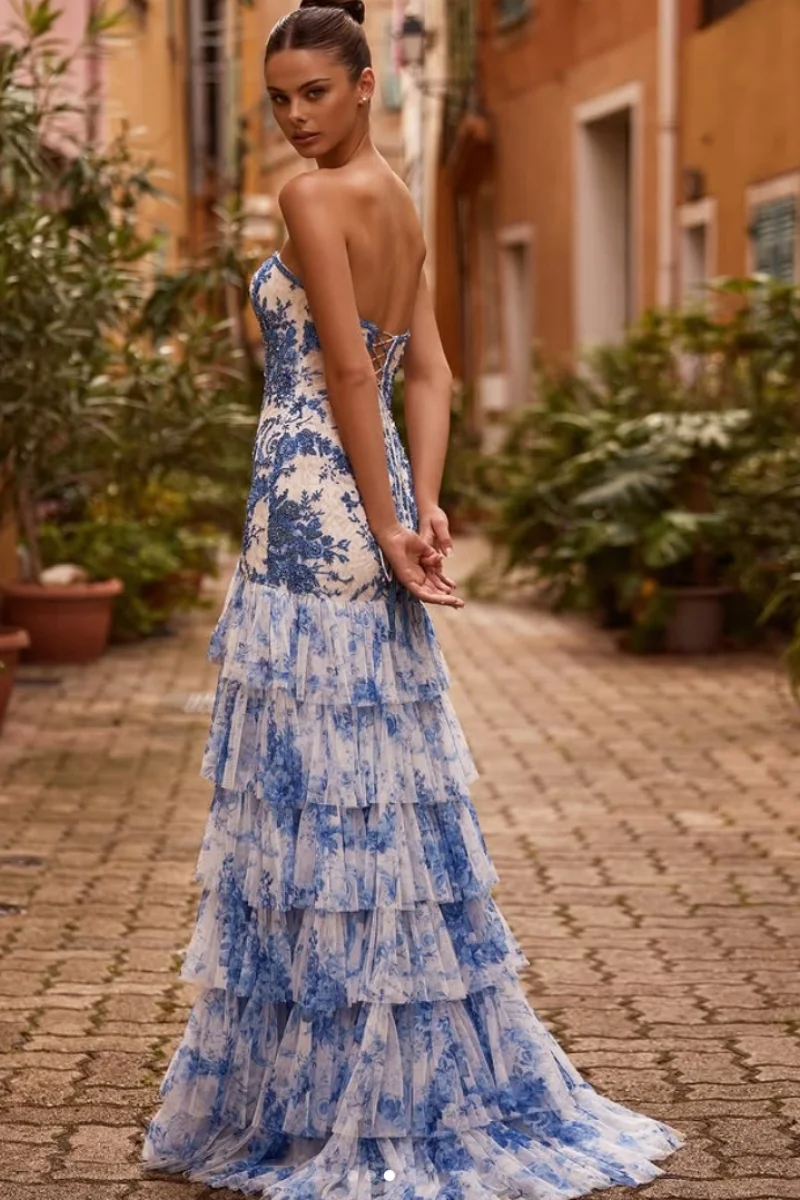 ジェシカ ビーズ刺繍イブニング ドレス チュール レイヤリング プロム ドレス ブルー ストラップレス レディース Vestidos De FiestaCustomized