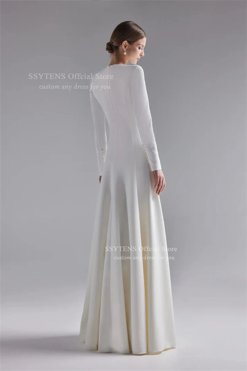 ชุดแต่งงานทรงเอไลน์ยาวหรูหรา SSYTENS สำหรับผู้หญิง คอทรงโอ ผ้าซาติน แขนยาว ชุดเจ้าสาว Vestidos De Novia Boda 2026 รับสั่งตัด