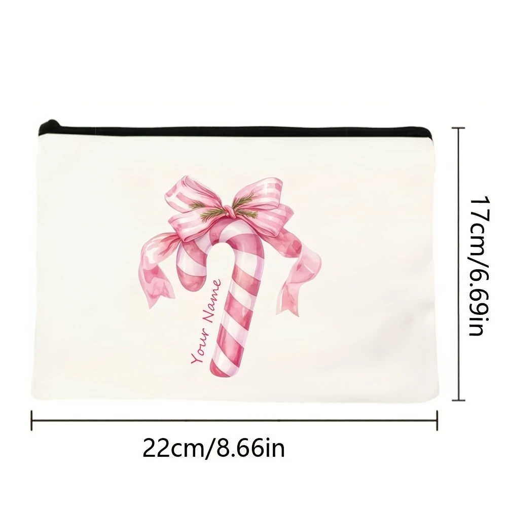 Custom Polyester Makeup Bag Featuring a Cute Pink Christmas Candy Cane Bow Design - a White Zippered Cosmetic Pouch