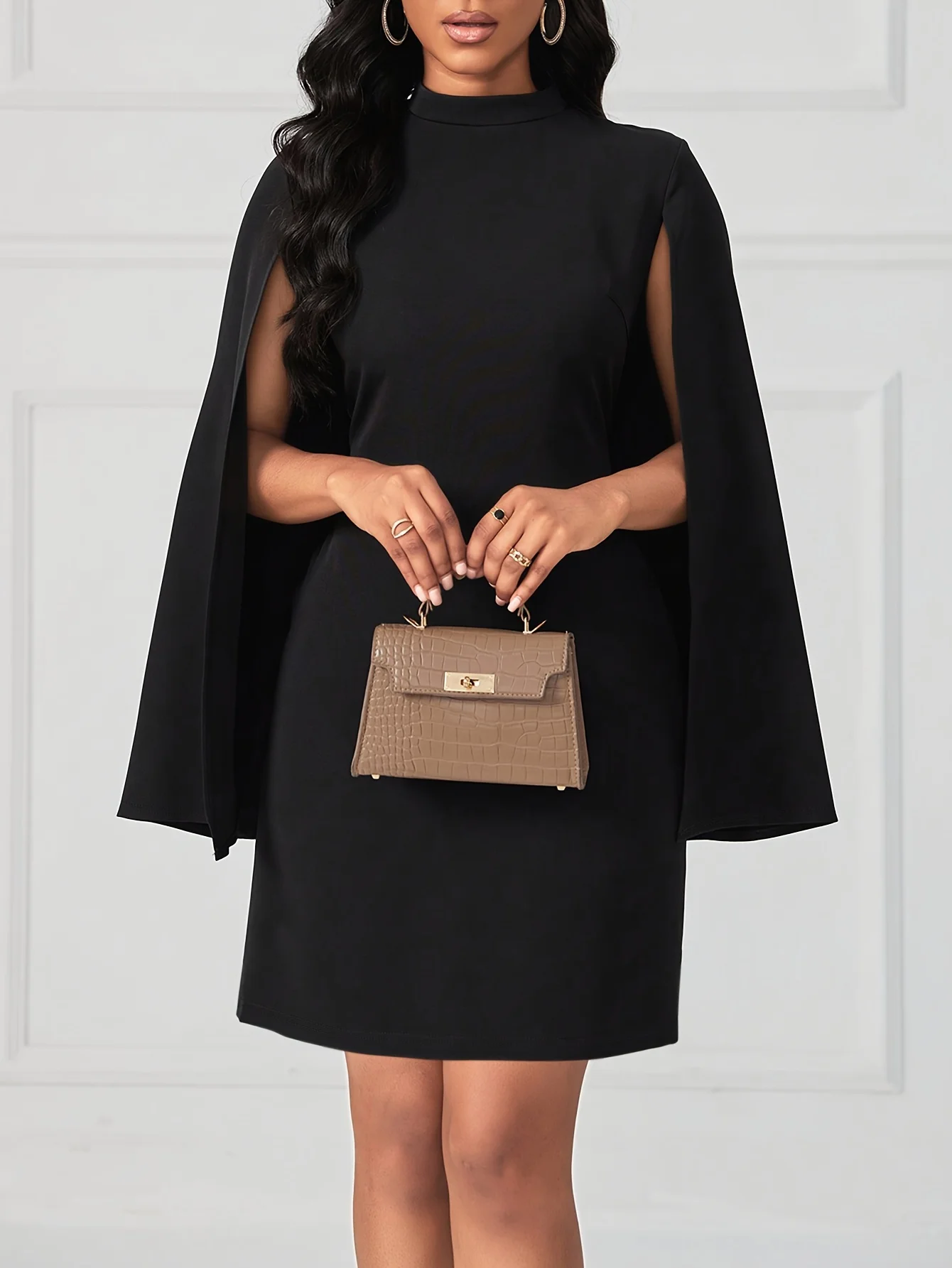 

2025 Plus Size Fashion Pick! Black Stand - up Collar Cape - Sleeve Dress (Plus Size). Simple Stand - up Collar & Cape - Sleeve D