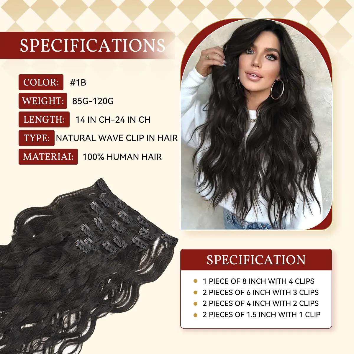 Extensiones de cabello humano con Clip de onda Natural 12A, 7 unidades/juego, Clip de Color negro Natural, cabello Remy de 14-24 pulgadas para mujer ﻿