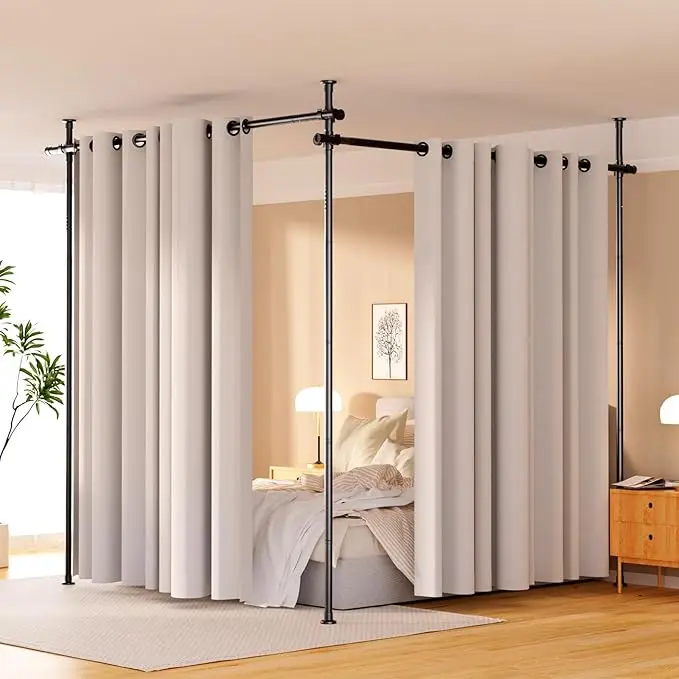 Height and Width Adjustable Room Divider, No-Drill Heavy Duty Metal Tension Curtain Rod for Room Separation, Portable Wall Parti