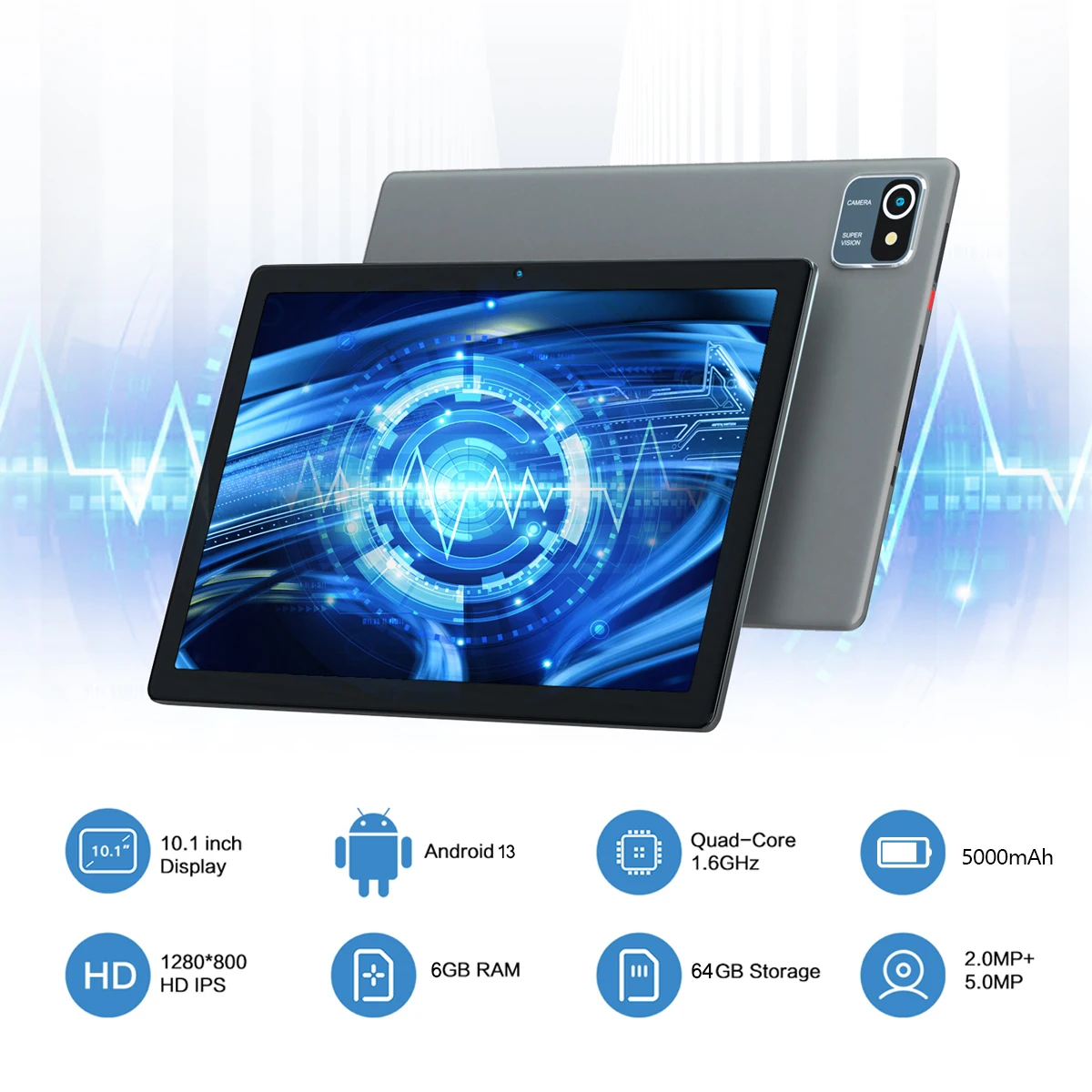 Tablet PC Android 13 da 10 pollici 6 GB di RAM + 64 GB di ROM (1 TB di espansione) Quad-Core WiFi 6 BT5.0 Type-C 5000 mAh 1280x800 HD Touch Screen