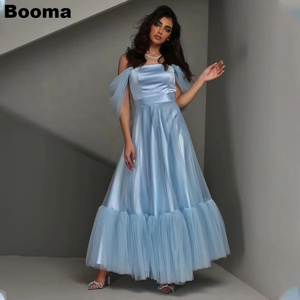 

Booma A-Line Prom Dresses Off Shoulder Ruched Satin Tulle Graduation Party Dresses Ankle Length Evening Gowns for Women Bespoke