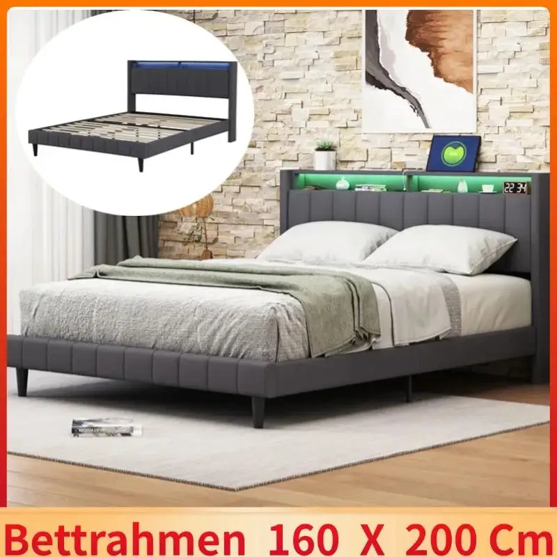 Adult bed 160x200 cm LED, double bed with storage headboard and USB charging, slatted base, linen fabric, gray