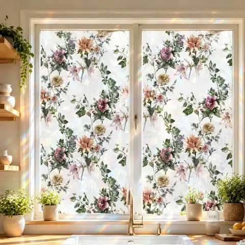 3D Rainbow Floral Window Privacy Film Static Cling Vintage Flower Non Adhesive Heat Control Decor Window Vinyl Kitchen Bathroom