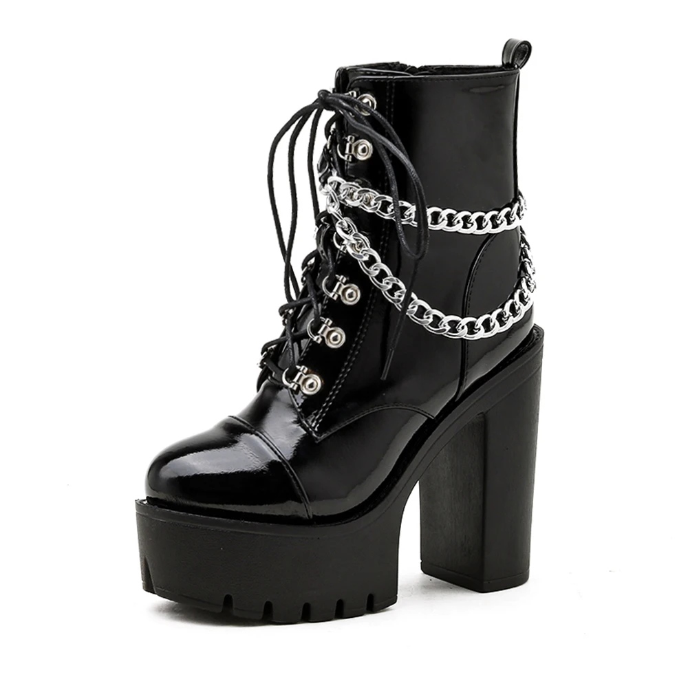 Gdgydh Women\'s Black Gothic High Heel Ankle Boots Sexy Chain Punk Style Patent Leather Platform Boots Lace Up Motorcycle Boots