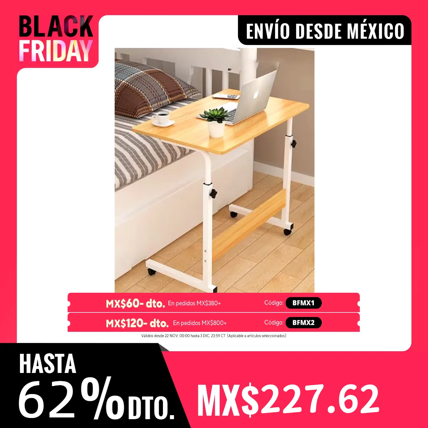 Adjustable TV Tray Table Comfortable Laptop Table Dinner Trays for Eating TV Dinner Tray on Bed Sofa for Eating Reading 60x40cm Escritorio para computadora, Puede Subir o Bajar la Altura (60~90cm), Escritorio Grande d