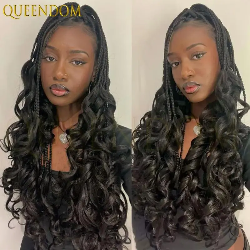 24 بوصة الاصطناعية كامل الدانتيل جديلة شعر مستعار آلهة كورنو صندوق الضفائر شعر مستعار مع أطراف مجعد أومبير شقراء Knotless شعر مستعار مضفر
