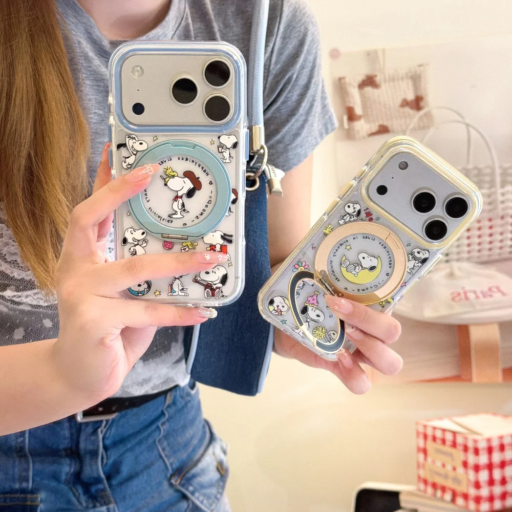 New Cute Snoopy Cartoon Character Print Phone Case For iPhone 17 16 Pro 16 Max 15 16 17 Pro Max 15 Pro With Magnetic Holder Case