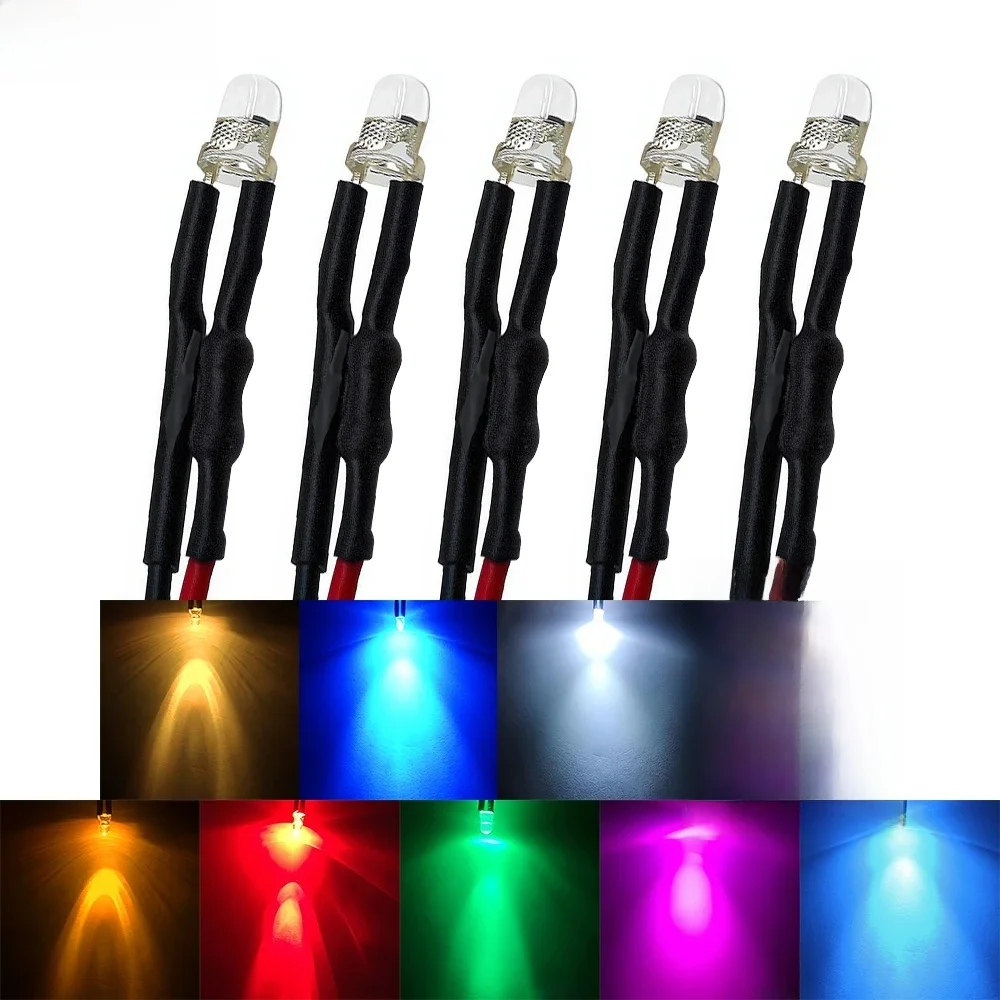 5/10/20X 3mm LED ronde 5-12V 20cm pré-câblé blanc bleu jaune Diode lampe bricolage panneau d'affichage décoration Diodes électroluminescentes ampoule