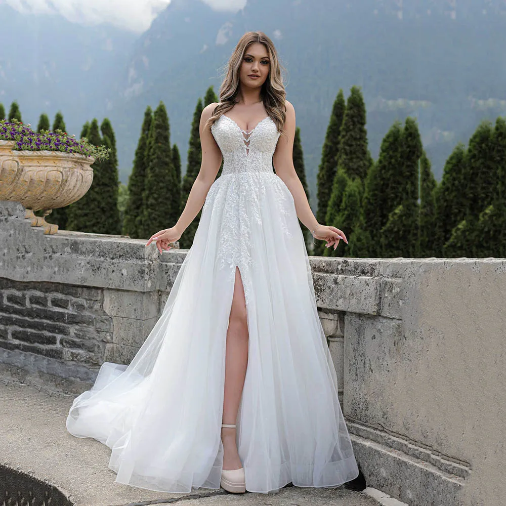 

Boho Wedding Dresses 2026 Sexy Deep Slit V Neck Tulle Backless A-Line Bridal Dresses Lace Appliques Bride Dresses Customized