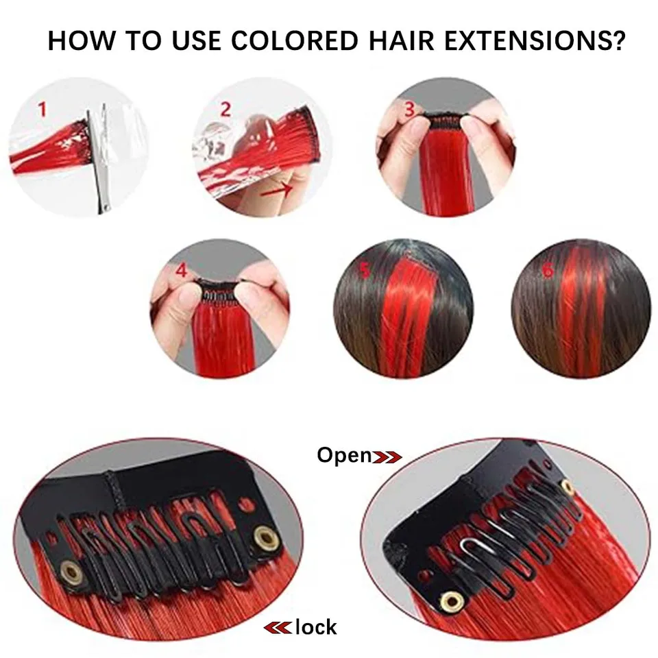 Set de 3 extensiones de cabello sintético con rayas de colores, largas y rectas, con clip, para uso diario, fiestas y Halloween 5