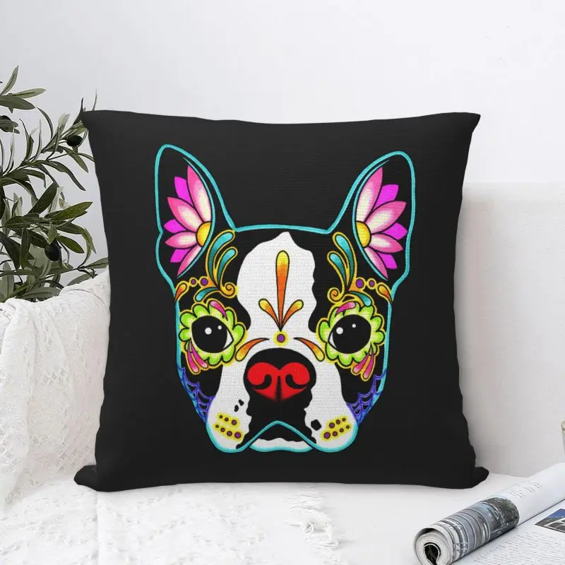 Boston Terrier In Black - Day Of The Dead Sugar Skull Dog pillowcase printed cushion cover Hallow sofa waist pillow pillow cover